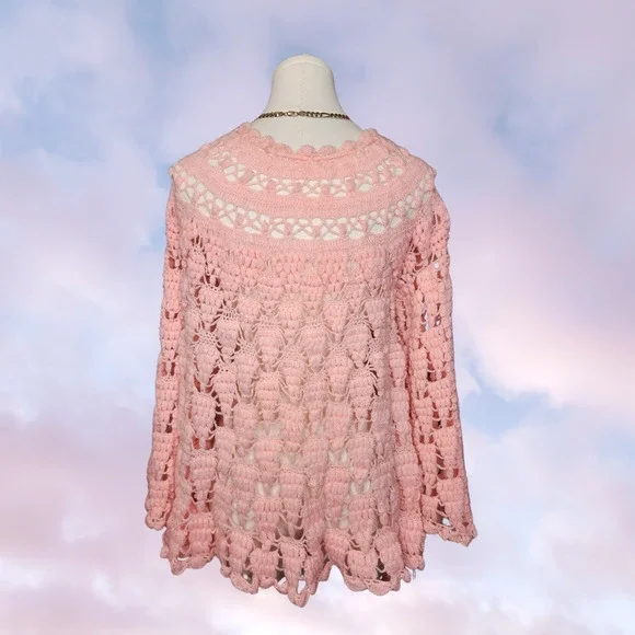 Vtg Handmade Pink Open Knit Coquette Cottage Prairie Bell Sleeve Knit Sweater - Picture 5 of 7